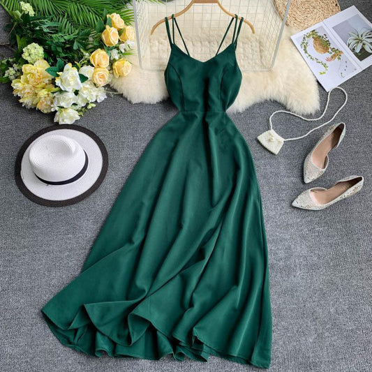 Holiday long dress cross strap backless solid color seaside medium-length swing fairy dress R2311