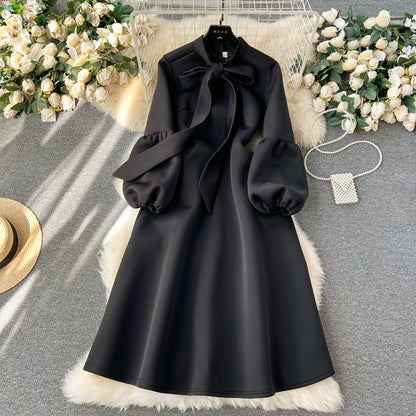 European and American high-end party dress bow tie lantern long sleeve waist big swing dress R2351