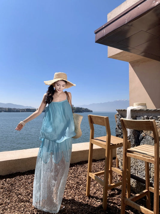 Holiday style gentle temperament unique beautiful blue suspender top skirt two-piece set R0869