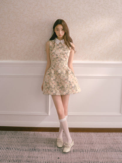 Rose Oil Painting Shirt Collar Sleeveless Dress Qianjinfeng Puffy Slim Waist Vest Dress R5134