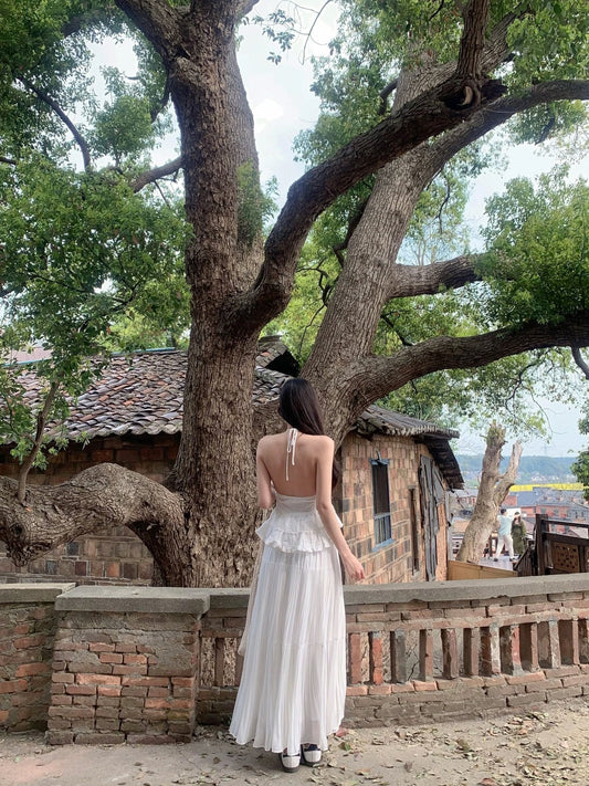 Holiday style outfit gentle temperament white halter neck top a-line skirt two-piece suit R0866