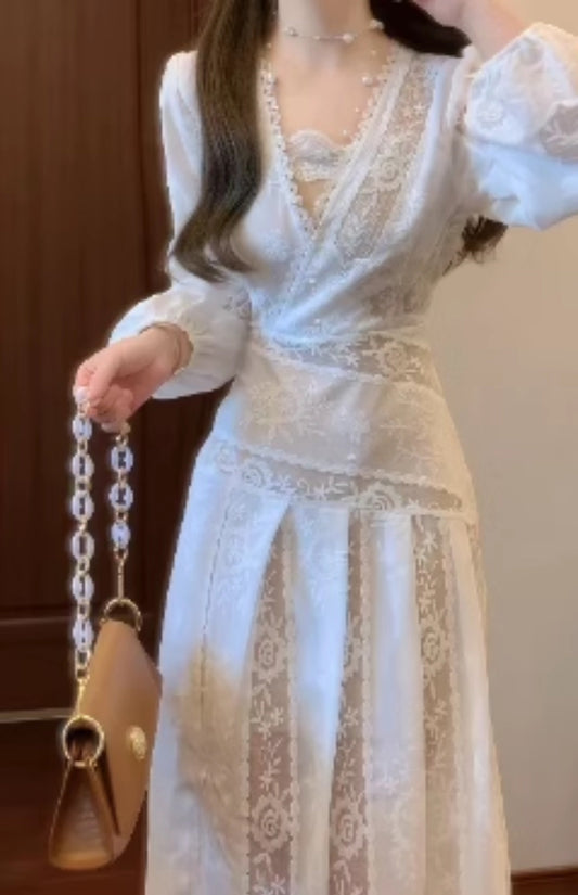 Lace patchwork long-sleeved dress gentle temperament waist A-line long skirt R0690