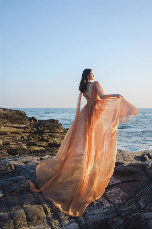 A Line Orange Long Stunning Evening Gown Party Prom Dress       S7302