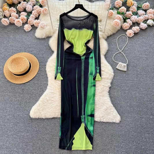Hot girl style printed dress tulle long sleeves unique tight pure desire long skirt R2240
