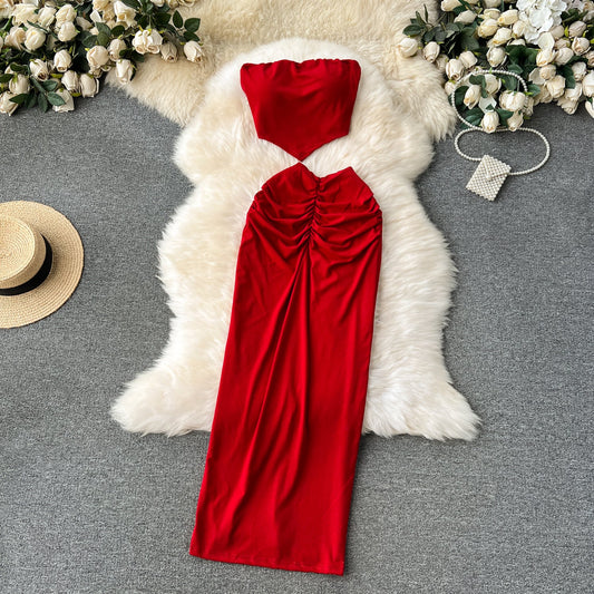 Hot girl style tube top short versatile pleated slim skirt fashionable two-piece skirt suit R2239