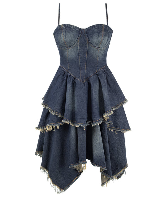 2025 new retro denim cake skirt hot girl French sexy tube top suspender dress female summer design R0063