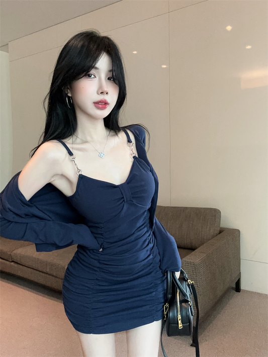 Hot Girl Style Sexy Bottom Slim Pleated Suspender Dress Long Sleeve Cardigan Top Two-piece Set R3789