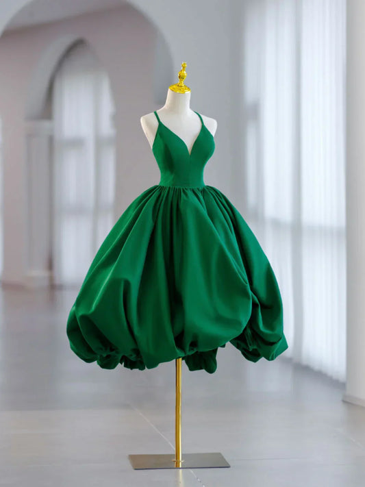 Green Ball Gown Satin Short Prom Dress Green Satin Evening Dress Green Homecoming Dresses