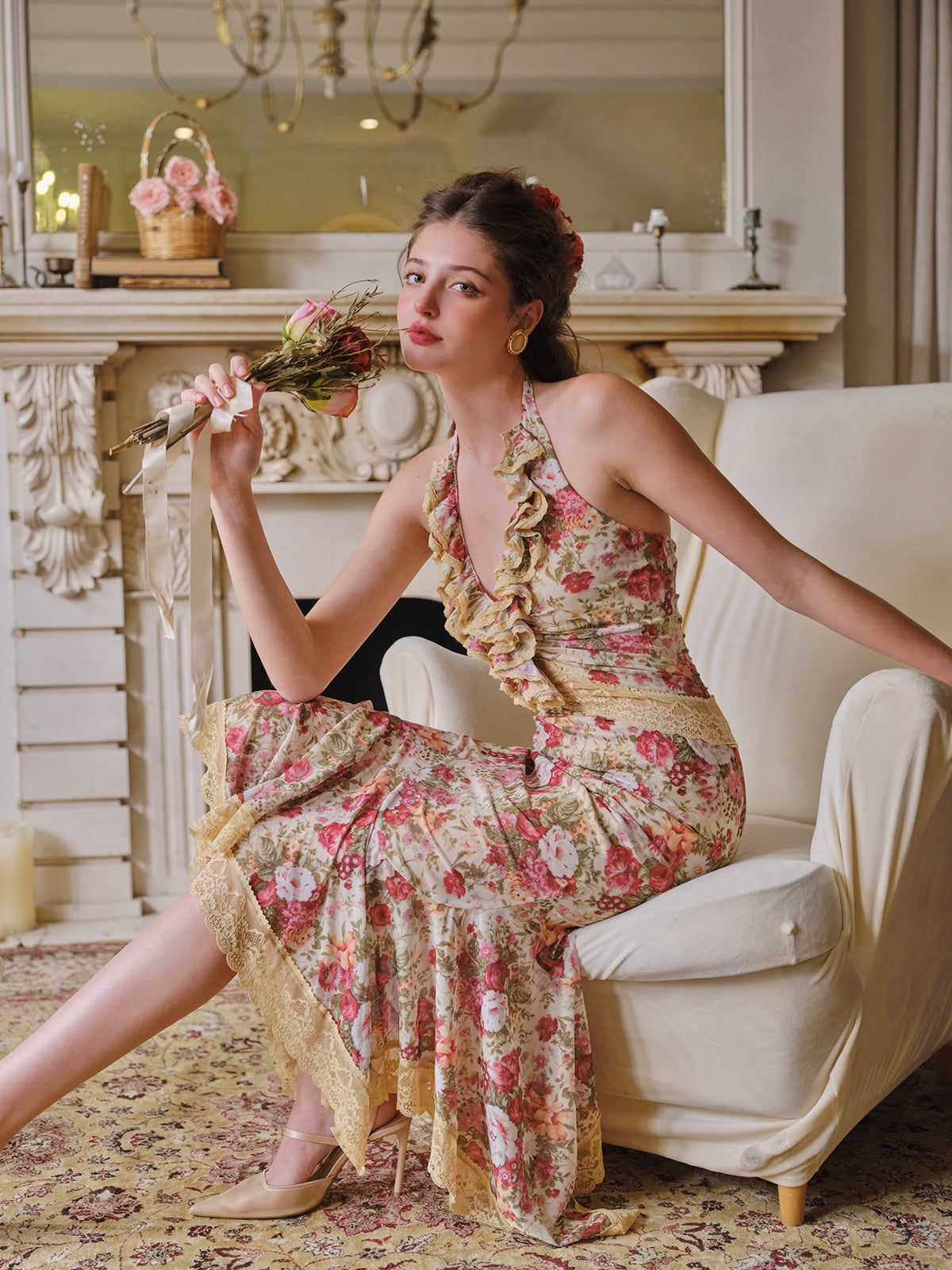 French retro romantic vacation stretch print mesh halter neck fishtail dress R5104