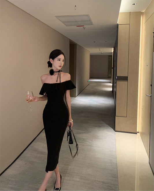 Hepburn style French sexy black one-shoulder dress slim fit temperament hip long skirt R1820