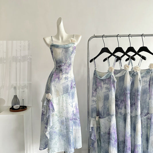 Irregular sling print slim fishtail long skirt R2177