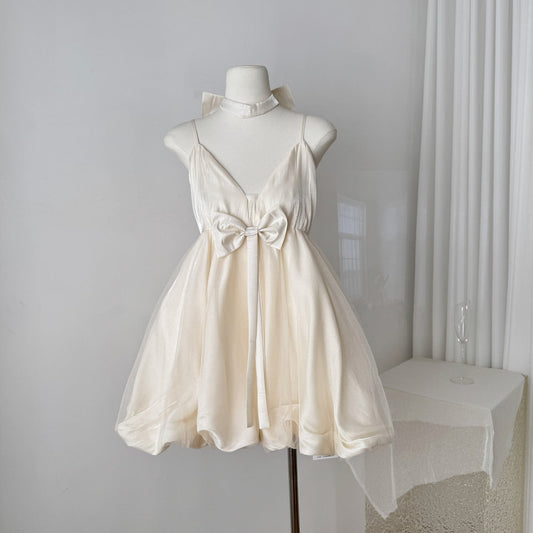 Halter neck dress 2025 summer backless bow princess dress pure desire flower bud dress R2179