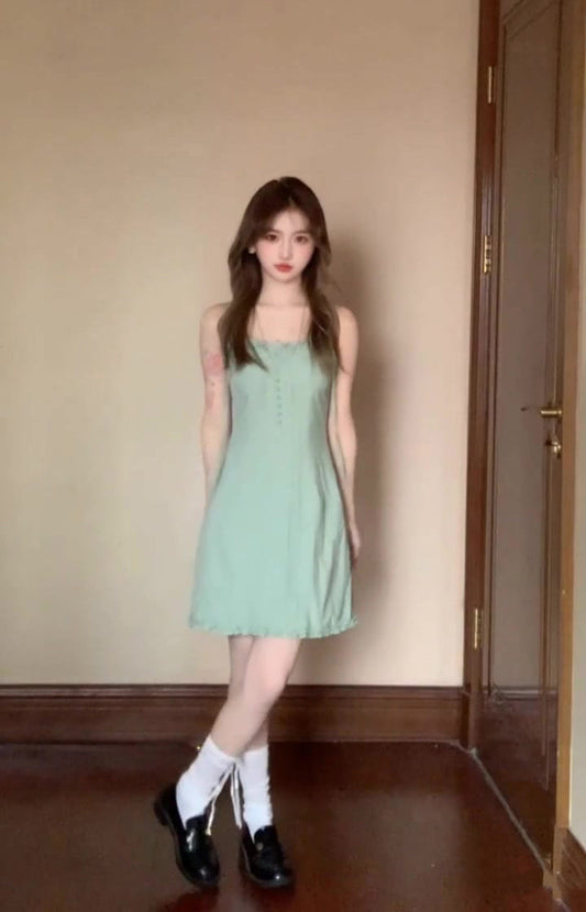 Green suspender dress holiday waist a-line short skirt beautiful skirt R0899
