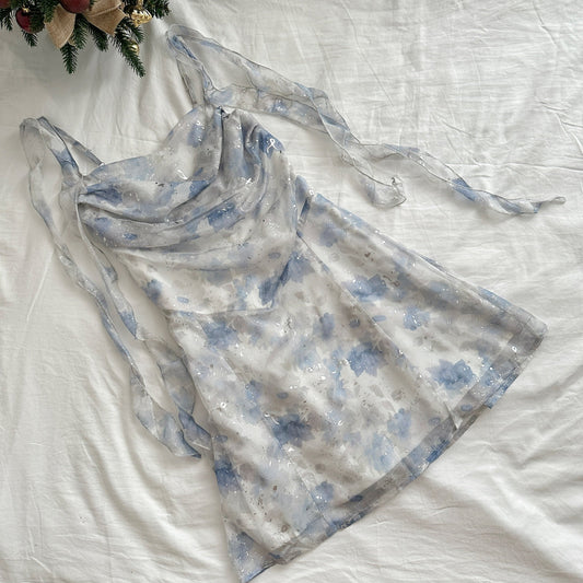 Holiday style floral suspender dress with flared neckline R1982