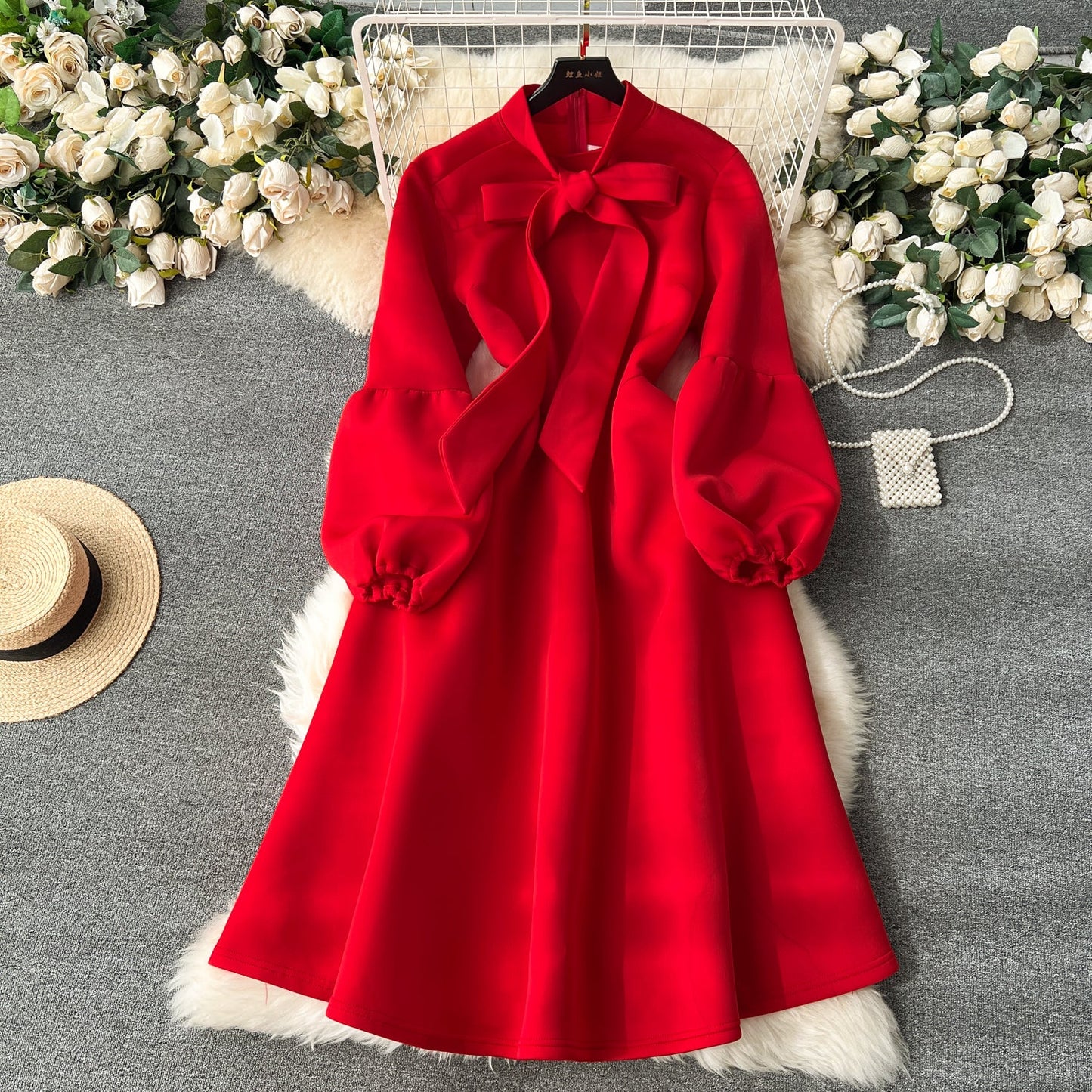 European and American high-end party dress bow tie lantern long sleeve waist big swing dress R2351