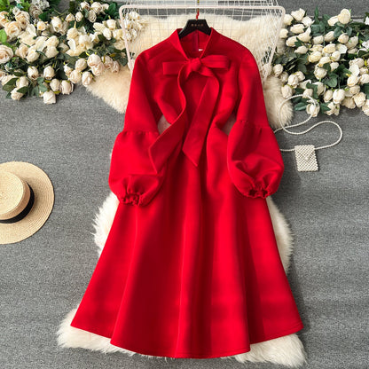 European and American high-end party dress bow tie lantern long sleeve waist big swing dress R2351