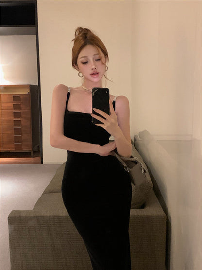 Square collar vest black velvet suspender dress 2025 temperament slim fit inner hip dress R1473
