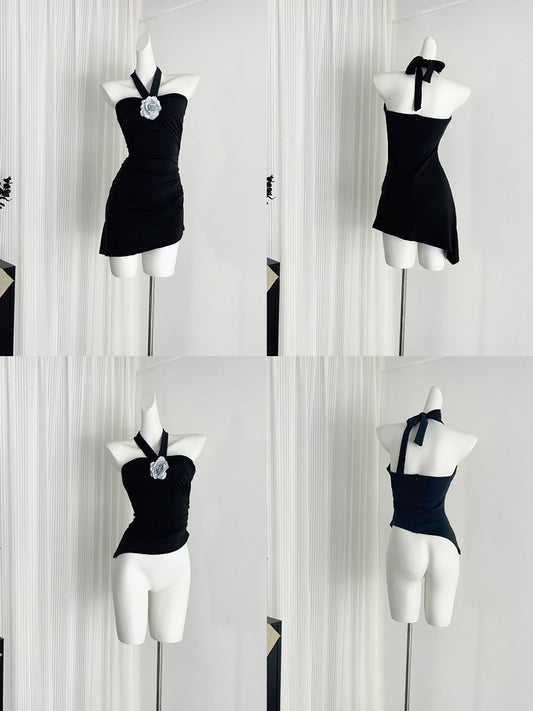 Hot girl halter neck dress female summer 2025 new black tube top irregular flower skirt R0122
