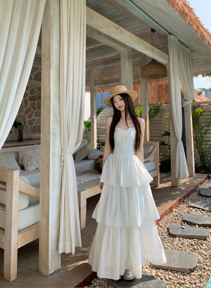 Beautiful little skirt lace splicing cake sling long dress R0778