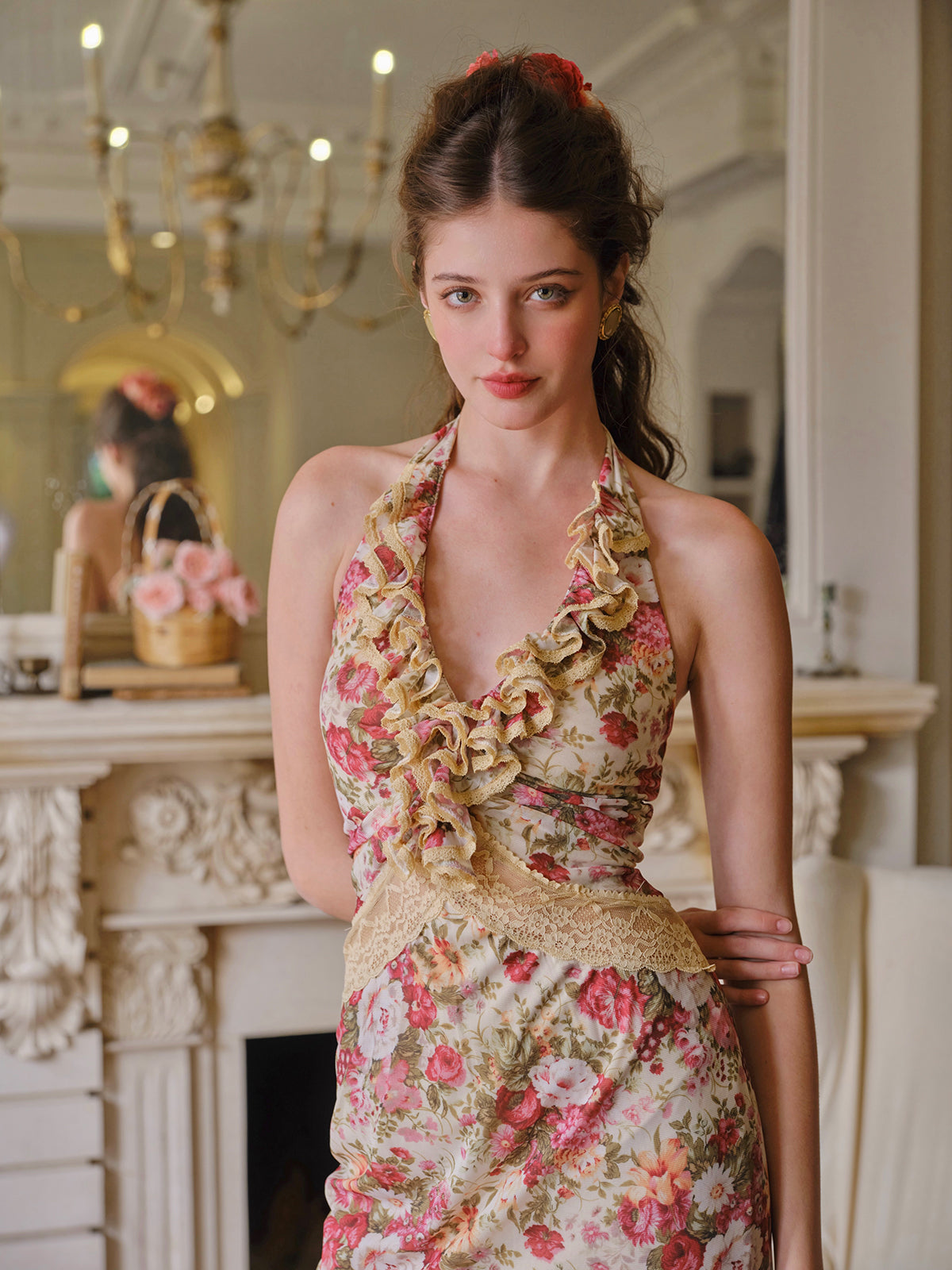 French retro romantic vacation stretch print mesh halter neck fishtail dress R5104