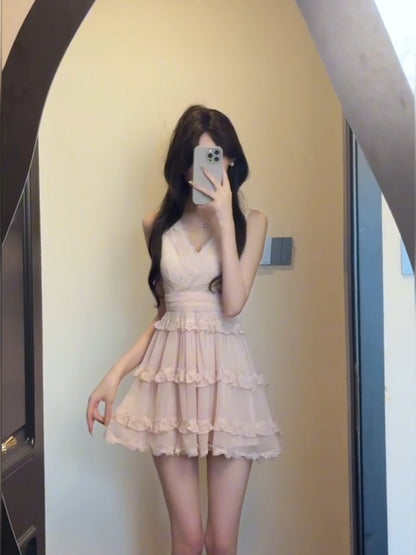 French sweet pink V-neck sleeveless women's summer temperament princess dress waist chiffon skirt R3600