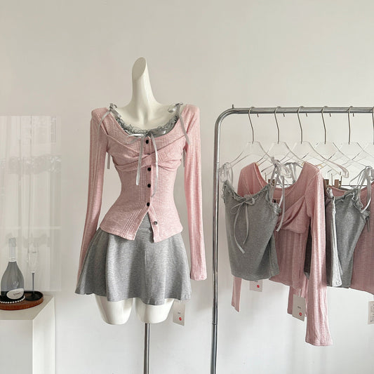 Lace Camisole Off-shoulder Cardigan T-shirt Set Pure Desire Long-sleeved Top R2028