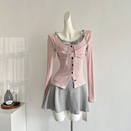 Lace Camisole Off-shoulder Cardigan T-shirt Set Pure Desire Long-sleeved Top R2028