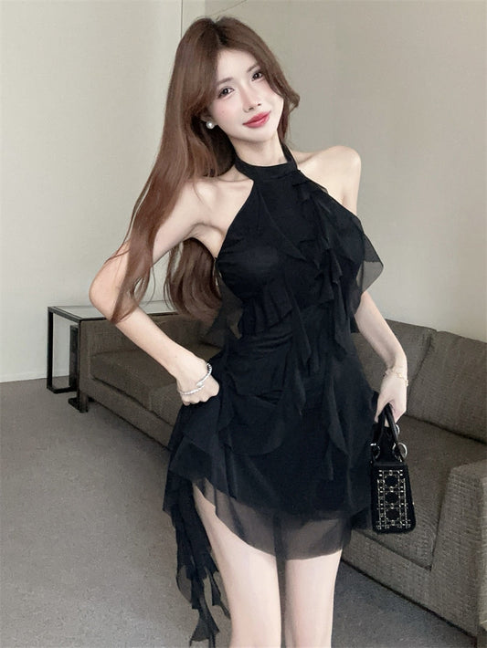 Halter neck ribbon backless little black dress irregular sexy slim fit ruffled dress for women R3708