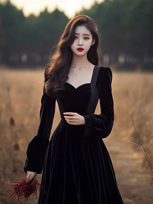 Hepburn style black dress high-end niche important occasion temperament dress R1778