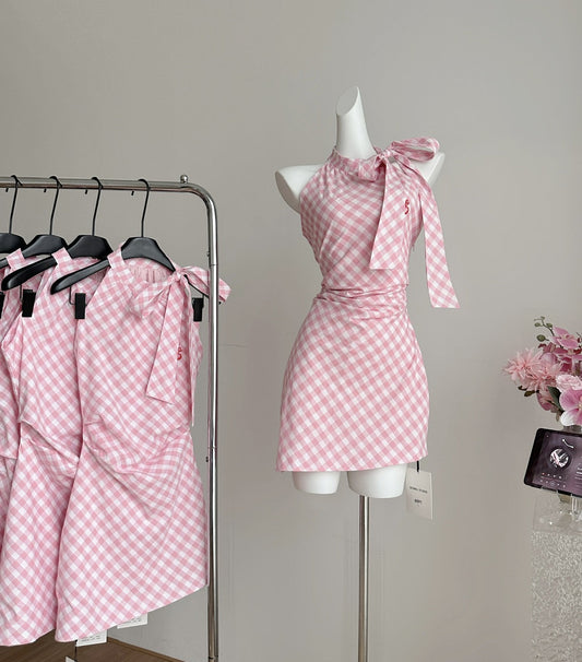 Halter Neck Off Shoulder Pink Plaid Sleeveless Dress Irregular Bow Design Skirt R1979