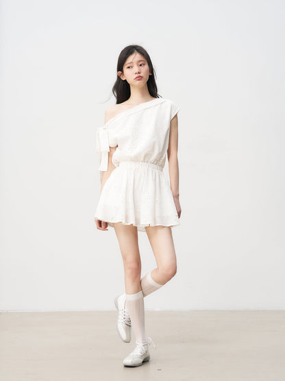 White French hollow flower off-shoulder dress with bow tie design and waist skirt R5131
