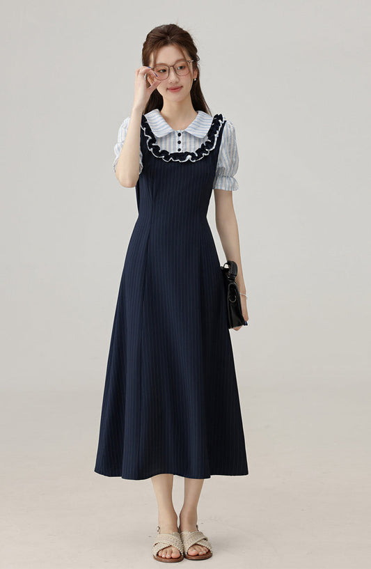 2025 Summer College Style Fake Two Piece Blue Dress Interview Dress R1956