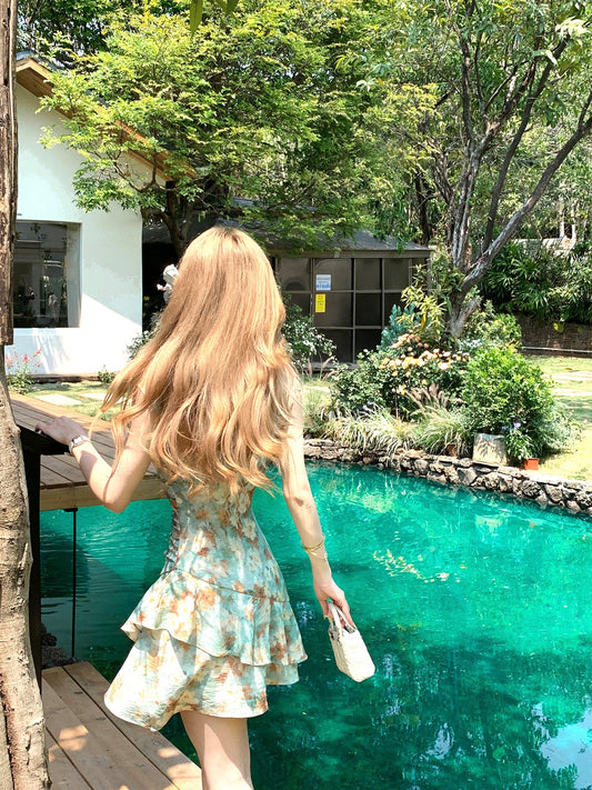 Green oil painting waist dress holiday design suspenders floral dress women summer R3909