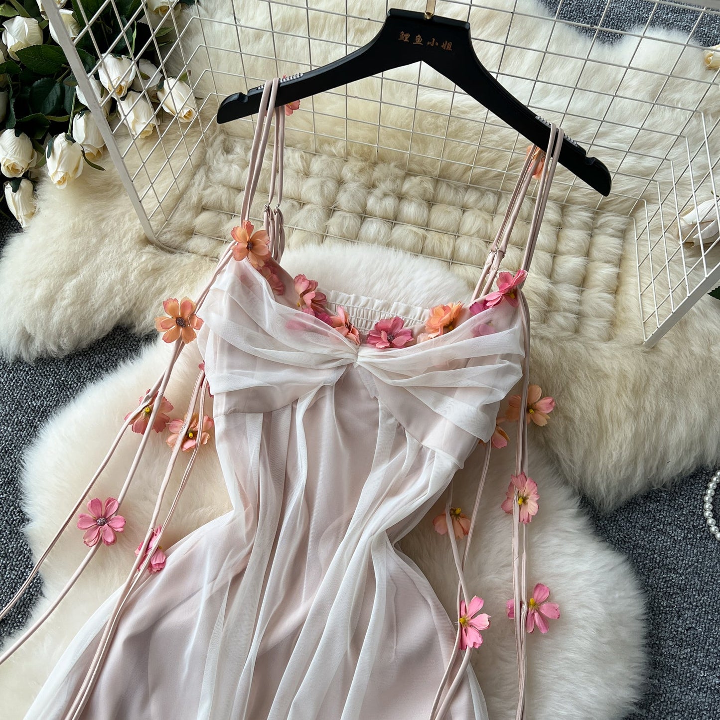 Holiday dress three-dimensional flower mesh high waist slim long skirt suspender skirt R2342