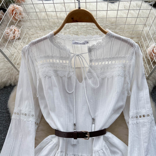 Lace hollow waist baby doll princess dress long sleeve white dress holiday style fairy dress R2345