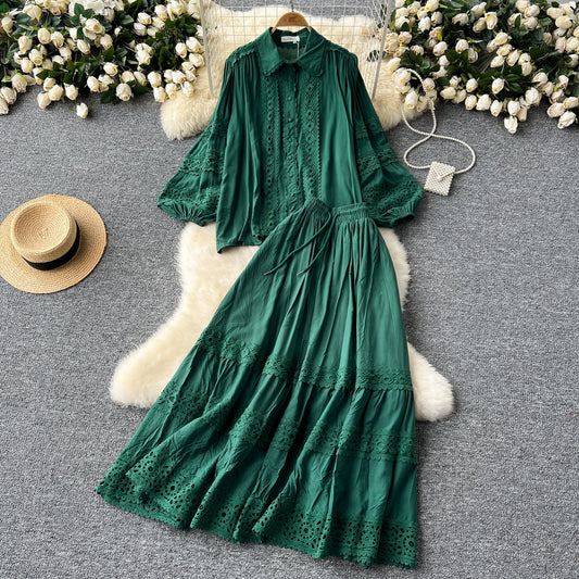 High-grade hollow lace splicing lantern long-sleeved shirt + high-waisted slim-fitting skirt R2258