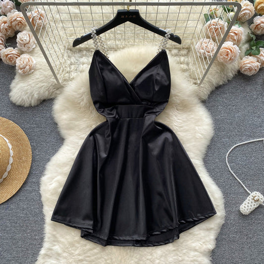 High-grade satin pearl suspender skirt new style niche waist V-neck sexy pure desire dress R2283