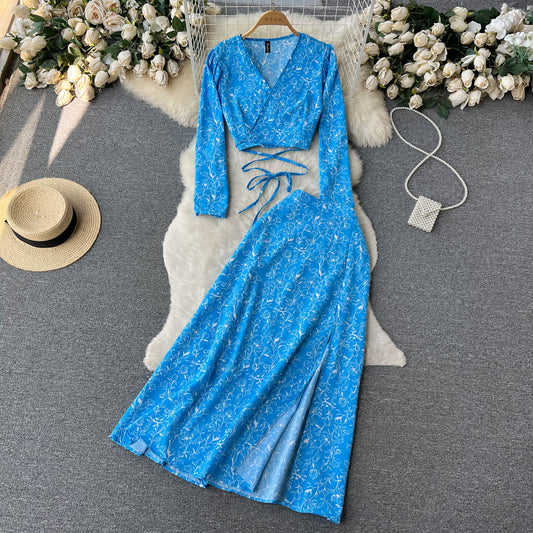 Holiday style retro floral suit long-sleeved French slim V-neck top + split skirt two-piece suit R2271