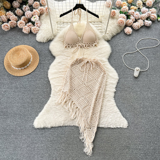 Holiday Style Suit Bikini Halter Vest Versatile Tassel Skirt Knitted Two-piece Suit R2315