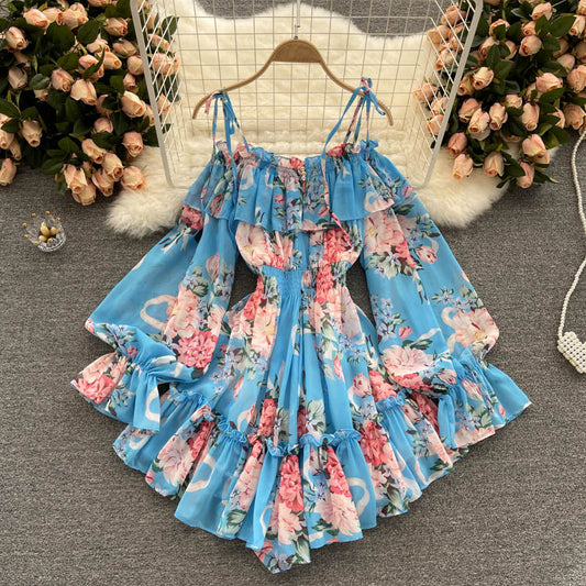 Holiday style jumpsuit with off-shoulder puff sleeves and slim fit short chiffon print dress pants R2324