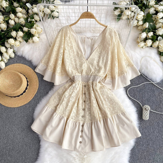 Holiday style 2025 new niche sexy deep V-neck lace patchwork waist flared sleeve dress R2269