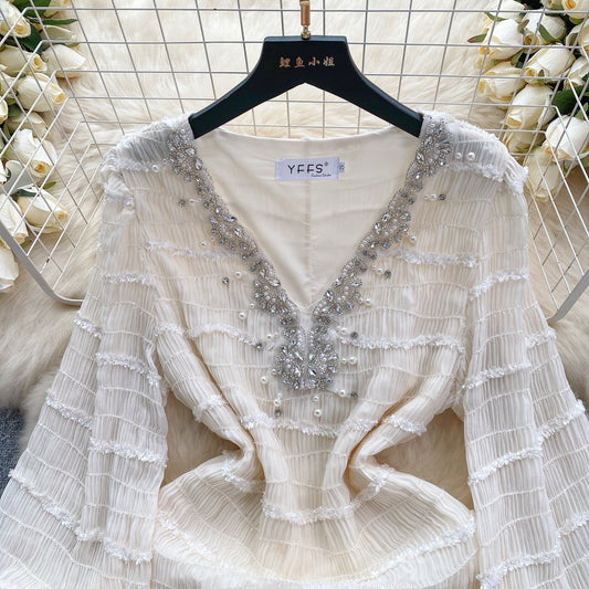 2025 new diamond beaded V-neck slim short ruffled skirt French puff sleeve dress R2352