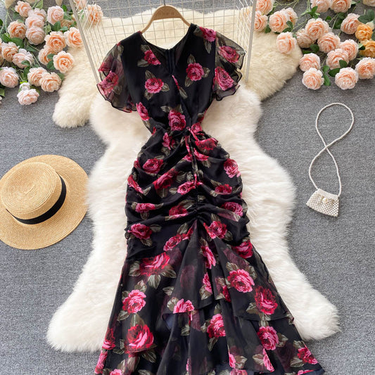 2025 new style celebrity chiffon printed dress temperament ruffled fishtail dress skirt R2267