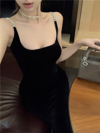 Square collar vest black velvet suspender dress 2025 temperament slim fit inner hip dress R1473