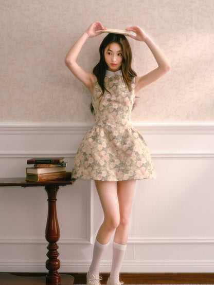 Rose Oil Painting Shirt Collar Sleeveless Dress Qianjinfeng Puffy Slim Waist Vest Dress R5134