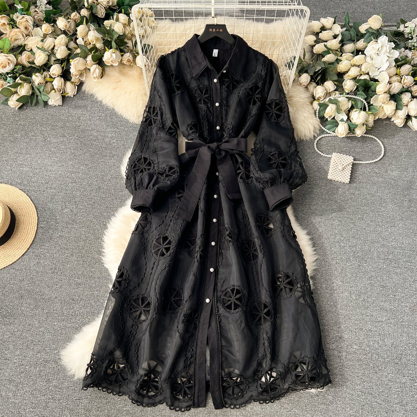 Palace style dress 2025 new embroidery hollow flower slim fit medium long dress R2155