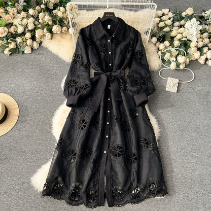 Palace style dress 2025 new embroidery hollow flower slim fit medium long dress R2155