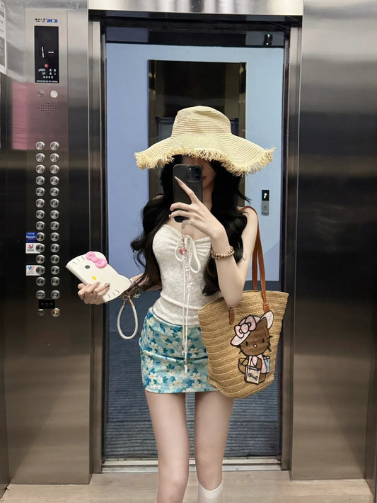 Holiday style gentle temperament beautiful jacquard halter neck top floral skirt two-piece suit R0886