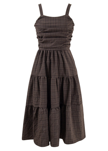 Hepburn style retro plaid suspender skirt long 2025 new design niche high waist dress R0158