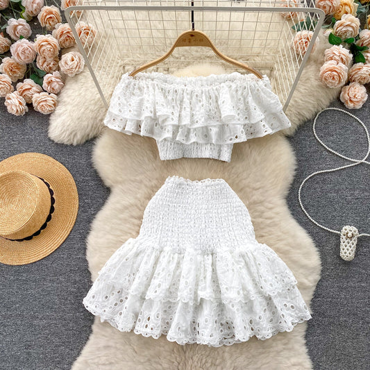 Holiday style suit heavy embroidery hollow ruffle one-shoulder top short skirt two-piece suit R2255